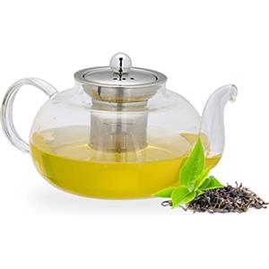Relaxdays Teiera con Filtro, in Vetro Borosilicato e Acciaio Inox, 1 Litro, Colino a Maglia Fina, Trasparente Argentato