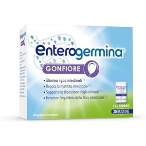 Enterogermina Gonfiore, Fermenti Lattici Probiotici, Prebiotici per Adulti - Integratori con Enzimi Digestivi ed Estratti Vegetali contro Pancia Gonfia e Gonfiore Addominale (20 Bustine Gusto Pesca)