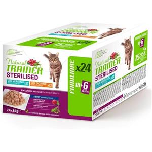 Natural Trainer Cat Sterilised multipack 24 x 85 gr 12 x Tacchino - 12x Merluzzo - 1° ORDINE? fino al 20% di sconto
