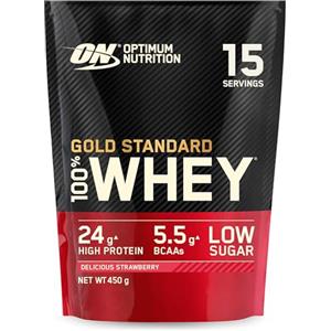 Optimum Nutrition Gold Standard 100% Whey Proteine in polvere per lo Sviluppo e il Recupero Muscolare con Glutammina e Aminoacidi BCAA Naturali, Gusto Delizioso alla Fragola, 15 Dosi, 450 g