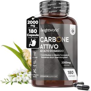WeightWorld Carbone Vegetale 2000mg, 180 Capsule, Ingredienti di Origine 100% Naturale, Carbone Vegetale Polvere per Ridurre l'Eccessiva Flatulenza Dopo Aver Mangiato, Capsule Carbone Senza Magnesio Stearato