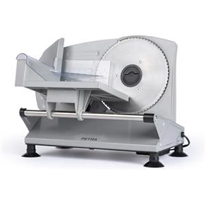 Petra PT4636VDE Affettatrice Elettrica - Macchina per tagliare alimenti, carne, formaggio, pane, spessezza da 1 a 15 mm, 3 x 170mm lame acciaio Inox, Antiscivolo, Dispositivo di Sicurezza proteggi
