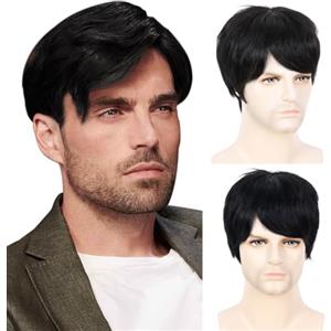 QUEENTAS Parrucche da Uomo in Capelli Veri - Corte per Uso Quotidiano, Cosplay Anni '70 e '80, Costume (Nero Naturale #1B)