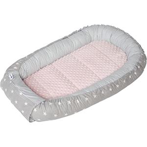 Medi Partners Riduttore Lettino Neonato - 100x60x15 Nido Antisoffoco Neonati Bozzolo Culla per Bebè neonata bilaterale Cuscino 100% Cotone Minky (Stelle grigie con minky rosa chiaro)