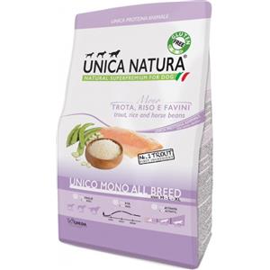 Unica Natura Crocchette per Cani All Breed con Trota, Riso e Favini - 12kg, Gluten-Free e Digeribili