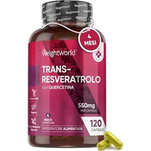 WeightWorld Resveratrolo 550mg con Quercetina Senza Magnesio Stearato, 1 Capsula al Giorno per 4 Mesi (120 Capsule), 98% Trans Resveratrolo e Quercetina Capsule Vegan, Integratore Resveratrolo Puro Senza Glutine