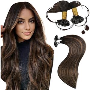 Moresoo Extension Capelli Veri Cheratina Balayage Castano Scuro a Marrone Medio con Castano Scuro Remy Extension Cheratina 50 Ciocche #2/6/2 35 cm 40g