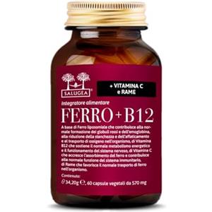 Salugea FERRO + B12 Salugea - Integratore 100% Naturale - Con Ferro liposomiale, Vitamina B12, Rosa Canina (Vitamina C) e Rame - 60 Capsule Vegetali in Flacone in vetro scuro farmaceutico