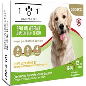 101 love for pet Spot on Naturale Cani Taglia Media e Grande - 12 Fiale da 1ml - Contro Parassiti, Pulci, Zecche, Zanzare, Pidocchi - Facile Applicazione - Lunga Durata - Protezione Naturale e Vegetale - Linea 101
