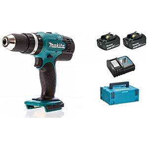Makita DHP453RFJ Trapano avvitatore con percussione 2x18V 3Ah Li-ion + valigetta Makpac + caricabatterie, Nro/Verde