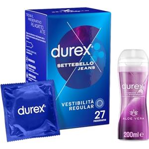 Durex Jeans Preservativi, 27 Profilattici + Durex Massage 2 in 1 Lubrificante Intimo e Gel Stimolante a Base Acqua con Aloe Vera, 200ml