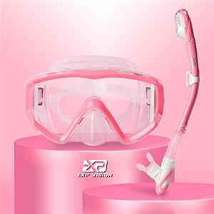 EXP VISION Set da snorkeling Pano con 3 finestrelle, per adulti, maschera professionale anti-appannamento, maschera da immersione anti-perdite e boccaglio Dry Top per immersioni, snorkeling, nuoto (rosa)