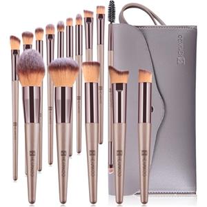 HEYMKGO Pennelli Make Up, 15 Pezzi Set Pennelli Trucco Professionale con Trousse in Pelle PU, Champagne Gold Kit Pennello Trucco Occhi Makeup Brushes Regalo per Ragazze Donne Compleanno San Valentino