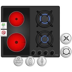 Phönix Germany Phönix PE-603ET - Piano cottura a gas combinato da incasso, in vetroceramica, 4 piastre smaltate autosufficienti (piano cottura a gas indipendente/da incasso), con inserto wok + croce