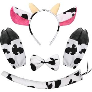 Hifot 5PCS Costume Mucca, Mucca Fascia per Capelli con Orecchie Papillon Guanti Mucca Coda, Costume da Mucca Trasvestimenti Accessori, Costumi Animali Bambini Adulto per Halloween Carnevale Festa di Cosplay