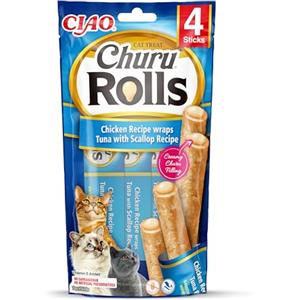 INABA Churu Rolls Snack per Gatti - Pollo con Cuore di Tonno e Capesante, 4x10g, Naturale e Senza Conservanti