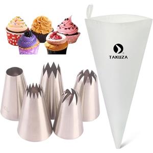 TAKUZA Set Professionale di Sac à Poche Con 6 Beccucci - 5 Beccucci in Acciaio Inox, Riutilizzabili, Grandi per Torte e Biscotti