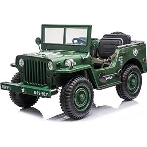 FINOOS J.E.E.P Willy's Army Auto Macchina elettrica per bambini 24 V, 3 posti, con telecomando 2,4 GHz, 4 motori 24V 200W (Verde Matcha)