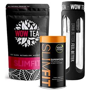 WOW TEA Kit Dimagrante Completo: Pasto Sostitutivo con 9 Superalimenti + Tè Detox Drenante + Bottiglia Infusore | Perdita di Peso Naturale | 300g, Made in EU