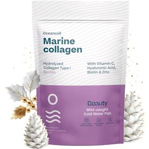 OCEANCOLL Collagene Marino con Acido Ialuronico, Vitamina C, Biotina e Zinco | Peptidi Idrolizzati | Aminoacidi Essenziali per Pelle, Capelli, Unghie, Tendini e Legamenti | Frutti di Bosco, 348g | 60 Dosi