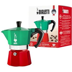 Bialetti Caffettiera Moka Express Tricolore, 3 Tazze, Manico anti scottatura, Non adatta a induzione, 3 (130 ml), Alluminio