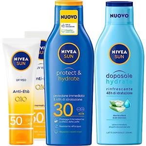 Nivea Sun UV Q10 Anti-Età Crema Solare Viso Q10 SPF50 da 50ml + Latte Solare Protect & Hydrate SPF30 da 200ml + Latte Doposole Hydrate Rinfrescante Idratante con Aloe Vera Bio da 200ml - 3 Prodotti
