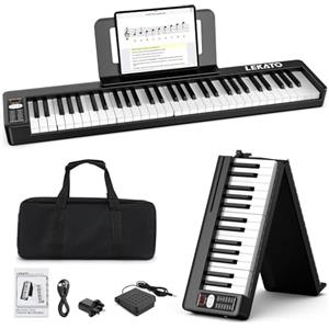 LEKATO Tastiera per pianoforte pieghevole a 61 tasti, tasti semi-ponderati, pianoforte elettrico portatile con borsa da viaggio amplificatore MIDI Bluetooth per principianti (Nero)