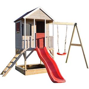 Wendi Toys M9 Casetta per i Bambini & Piattaforma e Scivolo | Casetta da Gioco per Bambini in Legno su Una Piattaforma di 90 cm con altalene, casa in Legno, Giardino, casetta da Gioco con Veranda