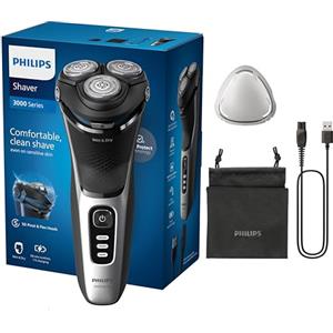 Philips rasoio elettrico serie 3000 - Rasoio elettrico Wet & Dry per uomo con tecnologia SkinProtect, colore Deep Black, rifinitore a scomparsa, rasoio cordless, astuccio da viaggio (modello S3241/12)