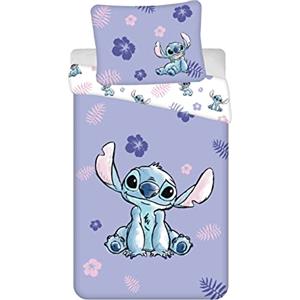 Jerry Fabrics Biancheria da letto Disney Lilo e Stitch con fiori, foglie, viola, Hawaii, piumone 140 x 200 + cuscino 70 x 90 cm 100% cotone