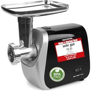 Emerio Tritacarne | elettrico | 3 inserti per carne (fine/medio/grossolana) + inserto per salsiccia + inserto per kebbe+inserto per biscotti per 4 stampi per biscotti | senza BPA | Avanti e ritorno |