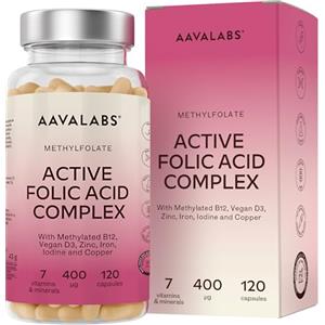AAVALABS Acido Folico Gravidanza 400 mcg con Vitamina B12 e Acido Folico Attivo, Vitamina D3 Vegana, Zinco, Ferro, Iodio e Rame - 120 Capsule