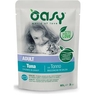 Oasy Cat Bocconcini in Salsa al Tonno - Cibo Umido Completo per Gatti Adulti - 85 gr - Confezione da 12