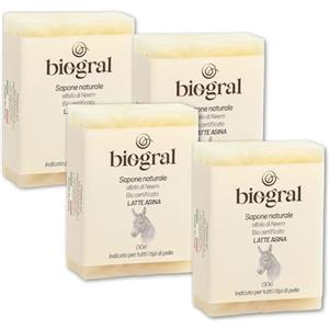 Argan Italia BIOGRAL - Set 4 Saponetta Corpo a Base di Latte d'Asina & Olio di Neem (100 gr) Sapone Naturale per Viso, Mani e Corpo ad Azione Idratante, Biologico Certificato Prodotto in Italia, Idea Regalo