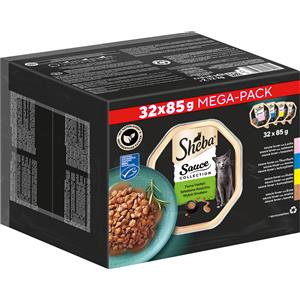 Sheba Sauce Collection - Cibo Umido per Gatti, 32 Vaschette da 85 g con Salmone, Tonno, Pollo e Anatra in Salsa Vellutata