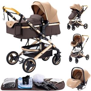 YAZOCO Passeggino Trio 3 in 1 Carrozzina Ovetto Pieghevole Set Viaggi Passeggino Neonato Sedili Parapiedi Zanzariere Carrozzina Multifunzionale (2 Khaki)