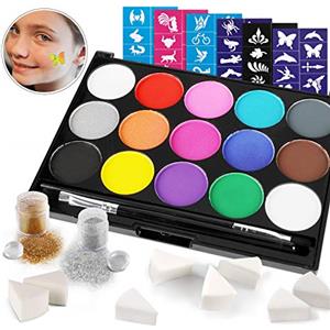 HOWAF truccabimbi Kit, 15 Colori Non tossici Body Painting, 60 Stencil per Tatuaggi, 2 spazzole, 8 spugne, 2 Glitter, Pittura Corpo Viso per Bambini, Cosplay/Natale/Halloween/Feste