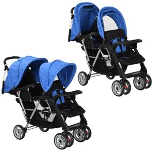 vidaXL Passeggino Gemellare in Acciaio Blu e Nero Carrozzina Tandem Bambini