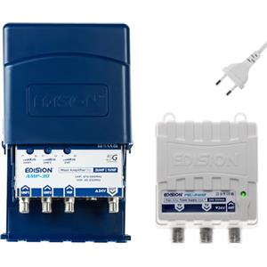 EDISION MAK-300 Kit: Amplificatore Antenna TV da palo 2UHF, 1VHF/FM, 17-32db, 107dBmV, 24V, per Digitale Terrestre DVB-T/T2, con filtro 5G LTE + Alimentatore 24V 200mA F 2 uscite