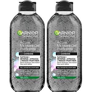 Garnier SkinActive Acqua Micellare Gel Purificante Detergente Struccante Tutto in 1 con Carbone per Punti Neri Formula Ipoallergenica Senza Risciacquo per Viso Occhi Labbra - 2 Flaconi da da 400ml