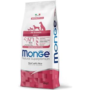 Monge Natural Superpremium ADULT BEEF AND RICE, cibo per cani per tutte le razze (cibo secco per cani con manzo e riso, molto ricco di fibre e vitamine, 12 kg)