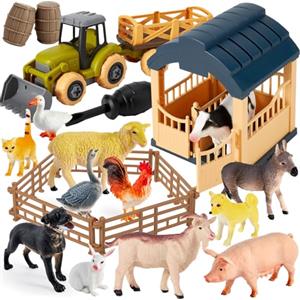 BUYGER Set Animali della Fattoria per Bambini 3 + Anni, con Trattore Giocattolo, Realistica Figurine Animali Plastica, Assemblare Stalla e Recinto, Giochi Animali Educativo per Bambino Bambina