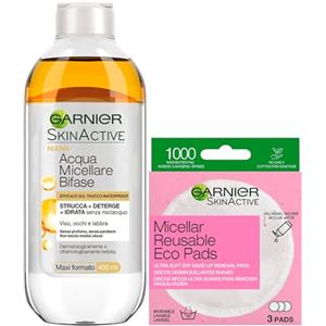 Garnier SkinActive Acqua Micellare Bifase Struccante Viso Occhi Labbra 400ml + Eco Pads Dischetti Micellari Struccanti in Microfibra Lavabili e Riutilizzabili Confezione da 3 Dischetti
