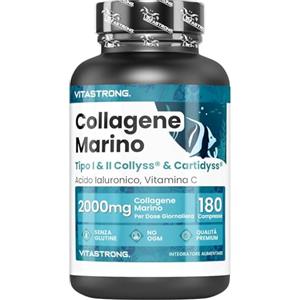 Vitastrong. COLLAGENE MARINO 2000mg BREVETTATO - Tipo 1&2 Collyss® & Cartidyss® - 180 Compresse - Collagene Marino con Acido Ialuronico - con Vitamina C - Formula Efficace - Qualità Premium - Vitastrong