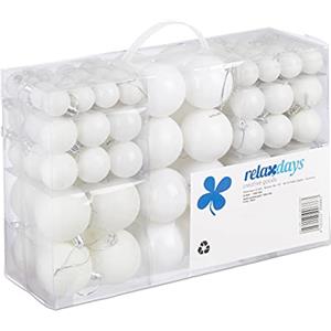 Relaxdays Palline di Natale, Set da 100, Addobbi Natalizi, Opache, Lucide, Glitterate, ∅ 3,4 e 6 cm, Decorazioni, Bianco