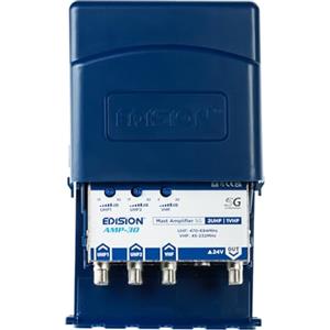 EDISION AMP-30 Amplificatore Antenna TV da palo 2UHF, 1VHF/FM, 17-32db Regolabile, 107dBmV, 24V, per Digitale Terrestre DVB-T/T2, con filtro 5G LTE, Frequenze UHF 470-694Mhz, VHF/FM 45-232MHz