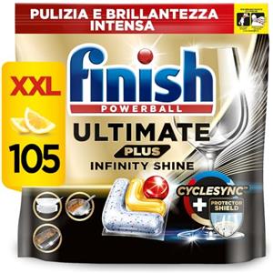 Finish Ultimate PLUS Infinity Shine Pastiglie Lavastoviglie al Limone, 105 Capsule con Scudo Protettivo contro lo Sporco e i Residui Incrostati (Confezione da 2)