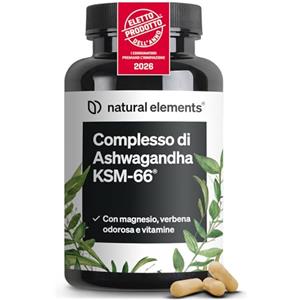 natural elements Ashwagandha KSM-66, 120 Capsule, completo con Magnesio Bisglicinato, Vitamine B6, B12 e Vitamina C, 600mg Ashwagandha per dose giornaliera, vegano, prodotto e testato in Germania