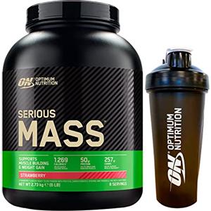 Optimum Nutrition Serious Mass Gainer Proteine Whey in Polvere per la Massa Muscolare con Creatina Glutammina e Vitamine Fragola 2,73kg 8 Porzioni + Shaker