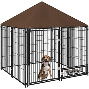 PawHut Recinto per Cani da Esterno, Box per Cani in Acciaio 141x141x151 cm con Tetto Anti-UV, Impermeabile, Ciotola Girevole, Kennel Recinzione Spazioso per Cuccioli, Giardino, Nero e Marrone